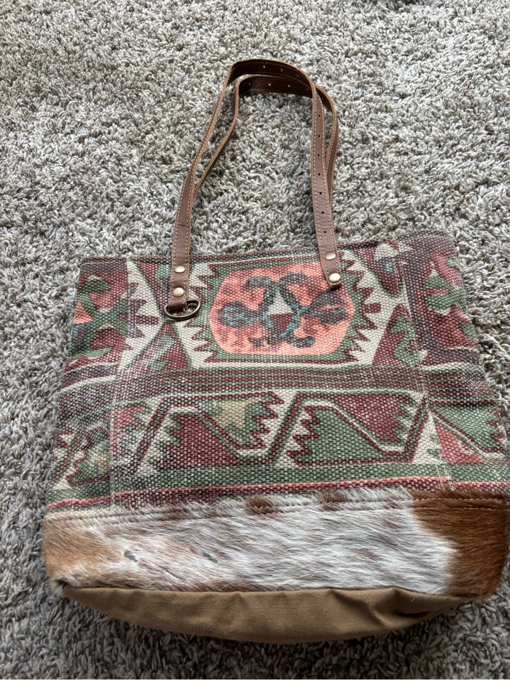 Boho Tribal Canvas Tote Bag with real Fur Trim - Multicolor navajo